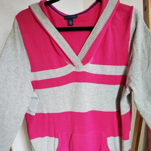 Tommy Hilfiger Gray and Hot Pink Striped Sweater with Hood Women's Size XL - Picture 2 of 14